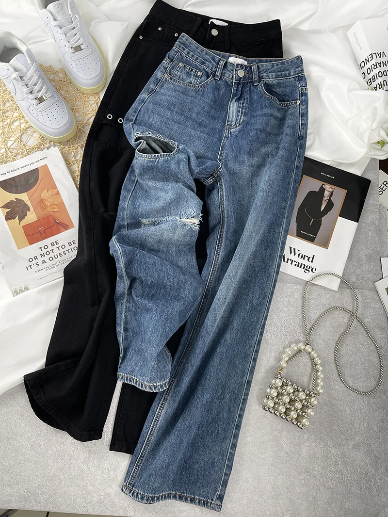 

New Design Distressed Jeans for Women's Autumn and Winter 2023 New High Waisted Loose Fitting Straight Leg Wide Leg Mop Pants