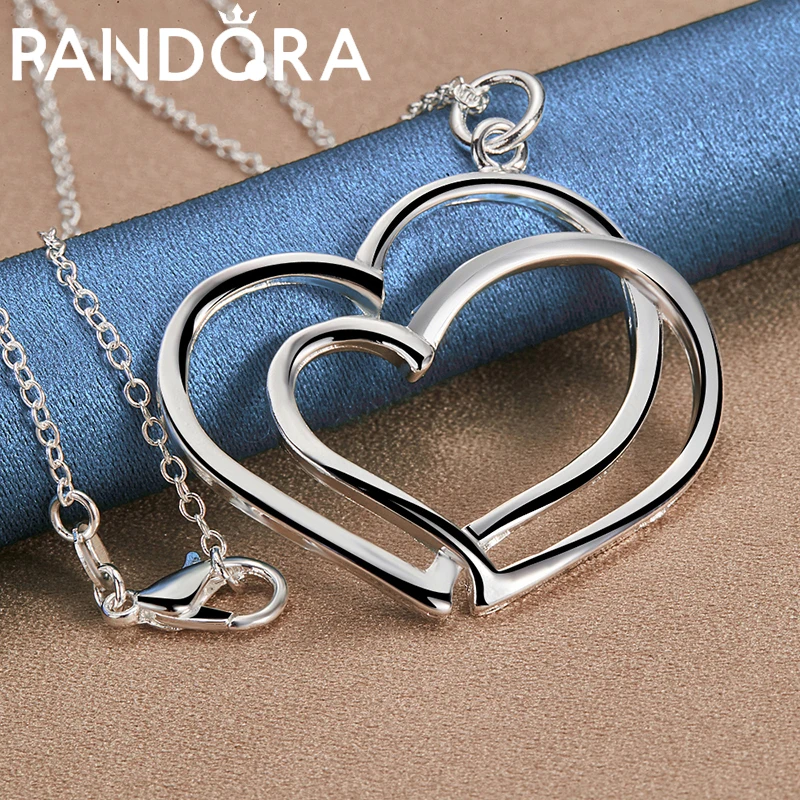 

RAIVDQRA 925 Stamp Silver Necklace For Women 16-30 Inch Chain Two Big Heart Pendant Neck Chain Fashion Charm Wedding Jewelry