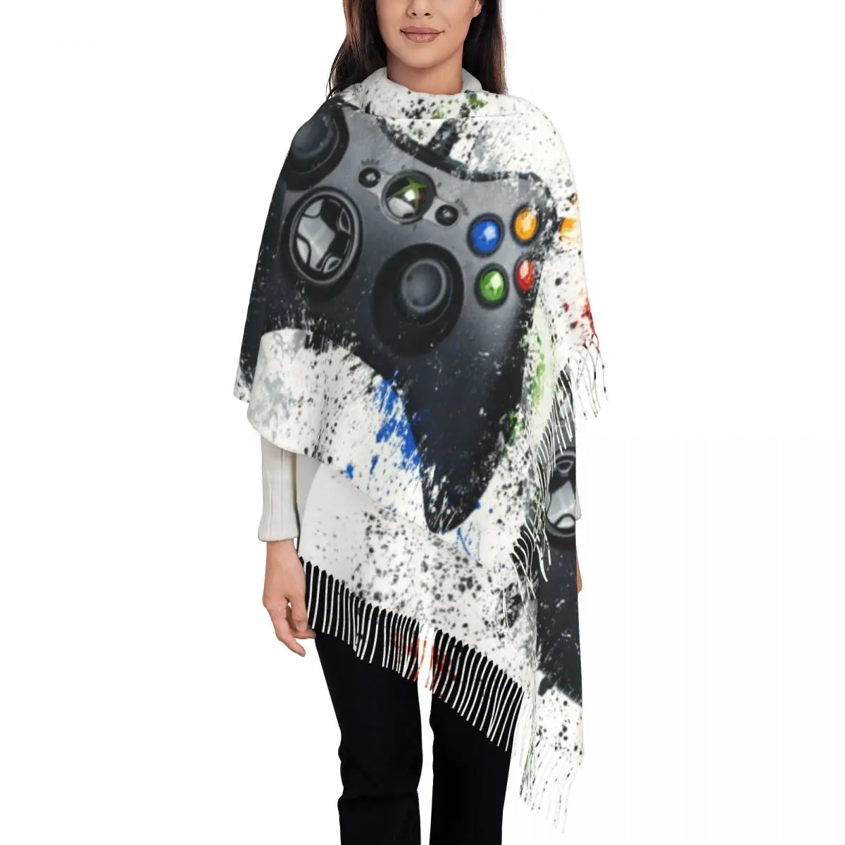 

Nostalgia Gaming Controller Tassel Scarf Women Soft Video Game Gamer Player Shawls Wraps Female Winter Fall Scarves