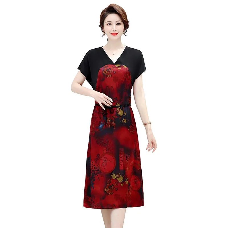 

Women Summer Elegant Printed Dress Female Long Party Robe High Quality faux silk V-neck patchwork Dress A-Line Vestidos