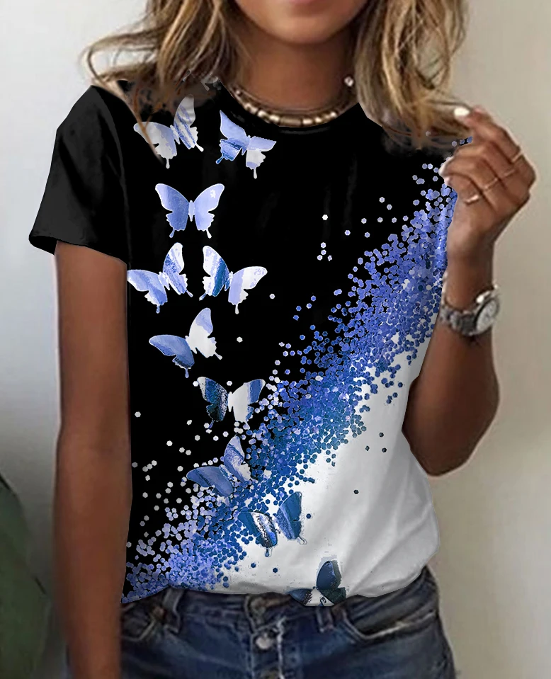 

2022 Women's Daily Weekend Butterfly Painting T Shirt Tee Butterfly Sparkly Color Block Short Sleeve Print Round Neck Basic Tops