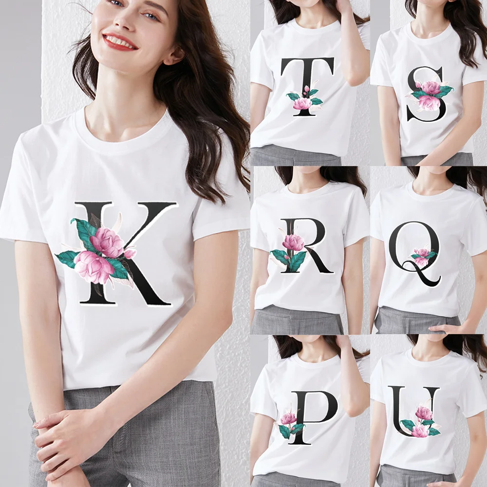 

Womens T-shirt Summer Casual O-neck Harajuku Womens 26-letter Floral Print Top T-shirt Fashion Classic Short Sleeve Women
