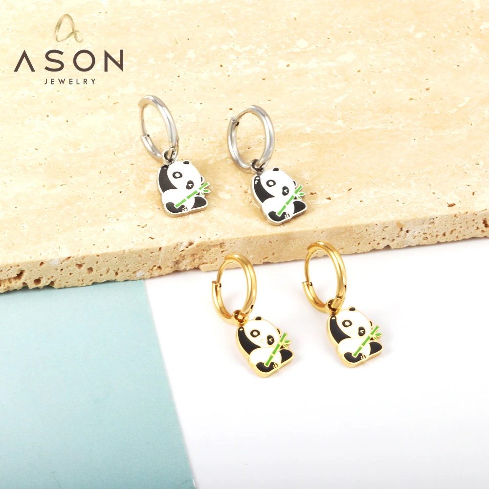 

ASONSTEEL Cute Panda Eat Bamboo Animal Piercing Drop Earrings Circle Gold Color Stainless Steel For Women Men Fashion Jewelry