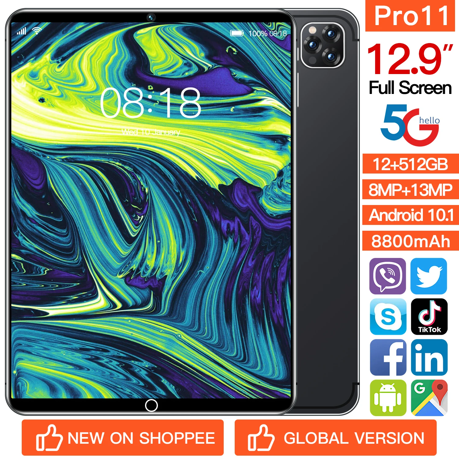 

5G tablet 10.1-inch 2022 new tablet Android 12GB+512GB office phone 2-in-1 HD+pluggable dual card+wifi+face recognition