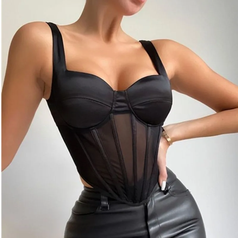 

Koltailace Spaghetti Strap Tank Top Women 4 Colors Stain Mesh Patchwork Backless Sexy Crop Top