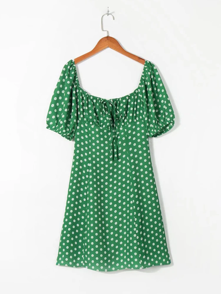 

Summer Drawstring Square Collar Puff Sleeve Dress Women Floral Print Mini Dresses 2022 Casual vestidos