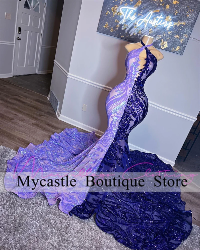 

New Purple and Royal Blue Sequin Mermaid Prom Dresses 2023 For Black Girls Halter Formal Party Gowns Evening Dresses Custom