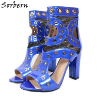 sorbern blue shiny ankle boots with eyelets holes unisex summer booties block high heels open toe customized