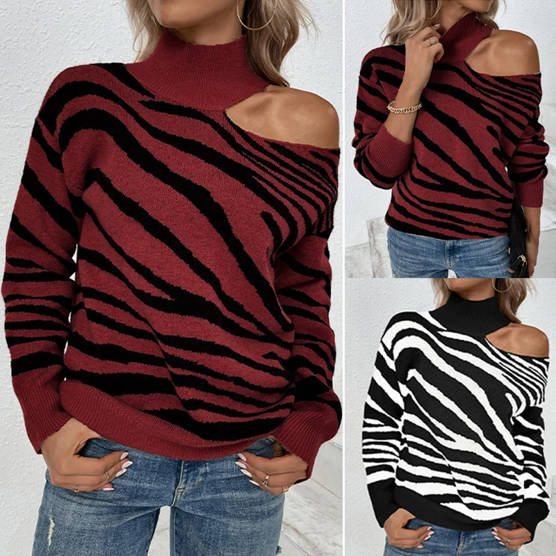 

Turtleneck Women's Sweater Casual Fashion Tops Pullover Striped Knitted Elegant Loose Long Sleeve Female Clothing Autumn Winter