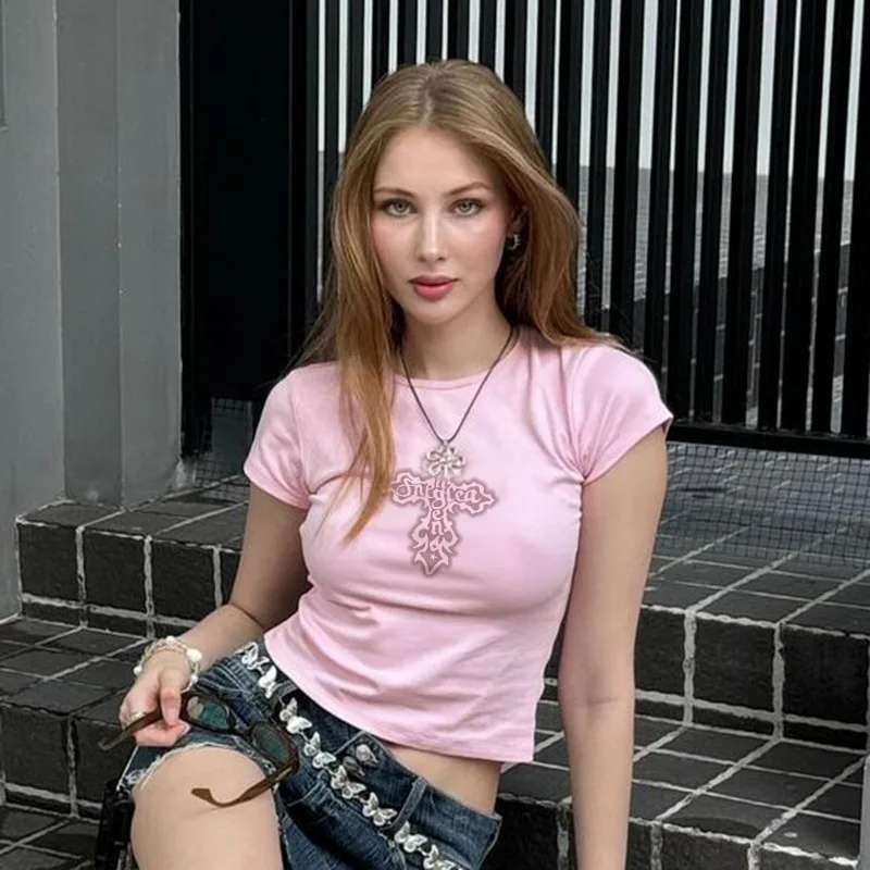 Женский приталенный Топ Y2k с коротким рукавом и круглым вырезом винтажный топ в