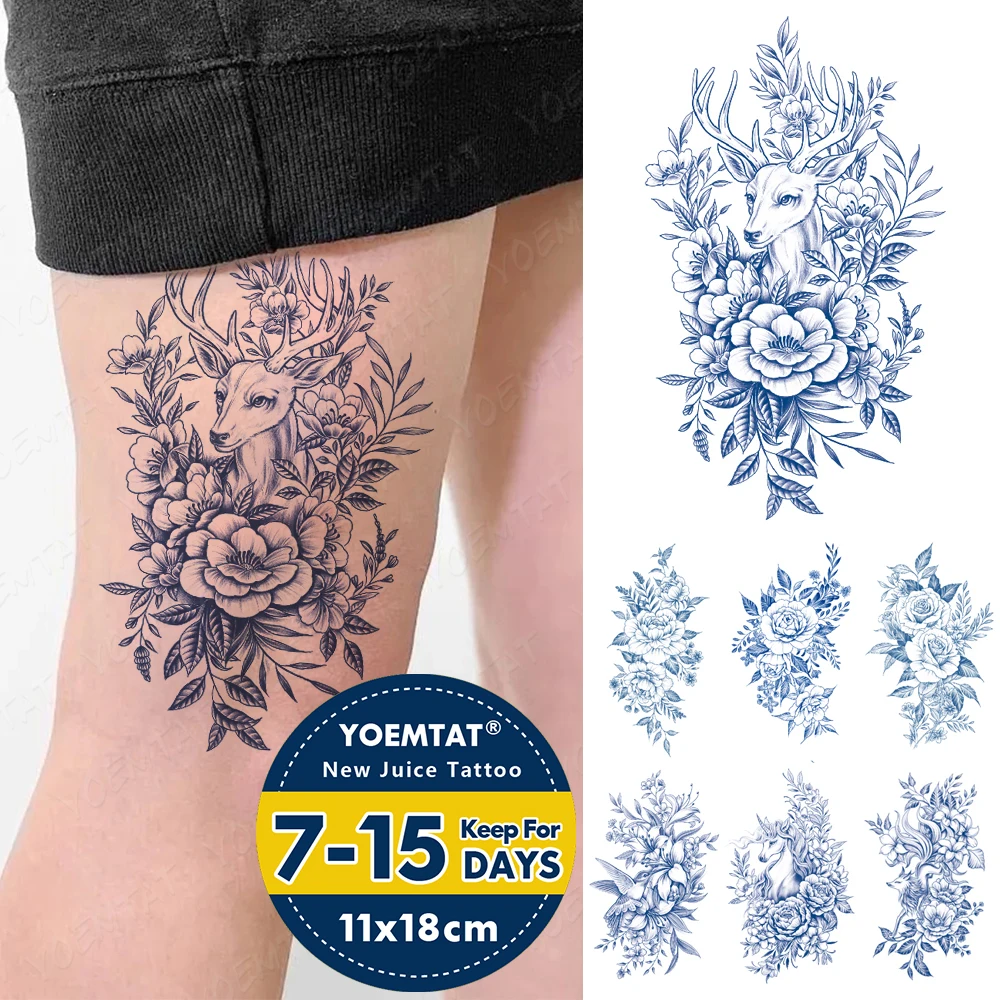 

Semi-Permanent Waterproof Temporary Tattoo Sticker Deer Peony Flower Leaf Lasting Ink Tatto Body Art Kinipian Herbal Fake Tatoo