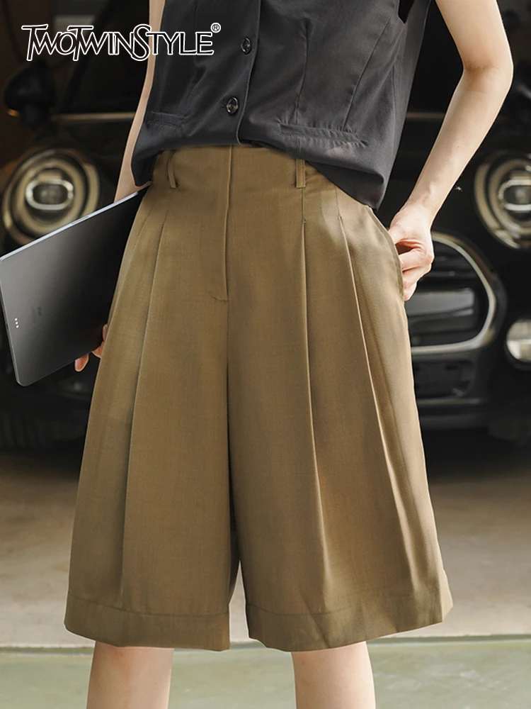

TWOTWINSTYLE Solid Pleated Trousers For Women High Waist Knee Length Patchwork Pocket Casual Loose Chic Wide Leg Pants Female