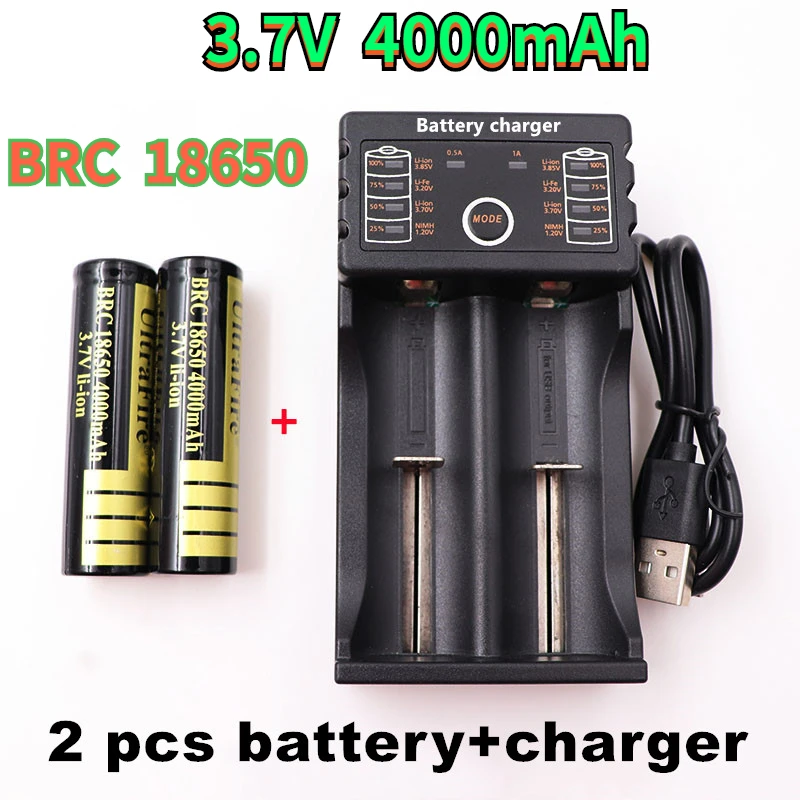 

100% original new 18650 battery 3.7v 4000mah rechargeable li-ion battery for led flashlight battery + usb charger