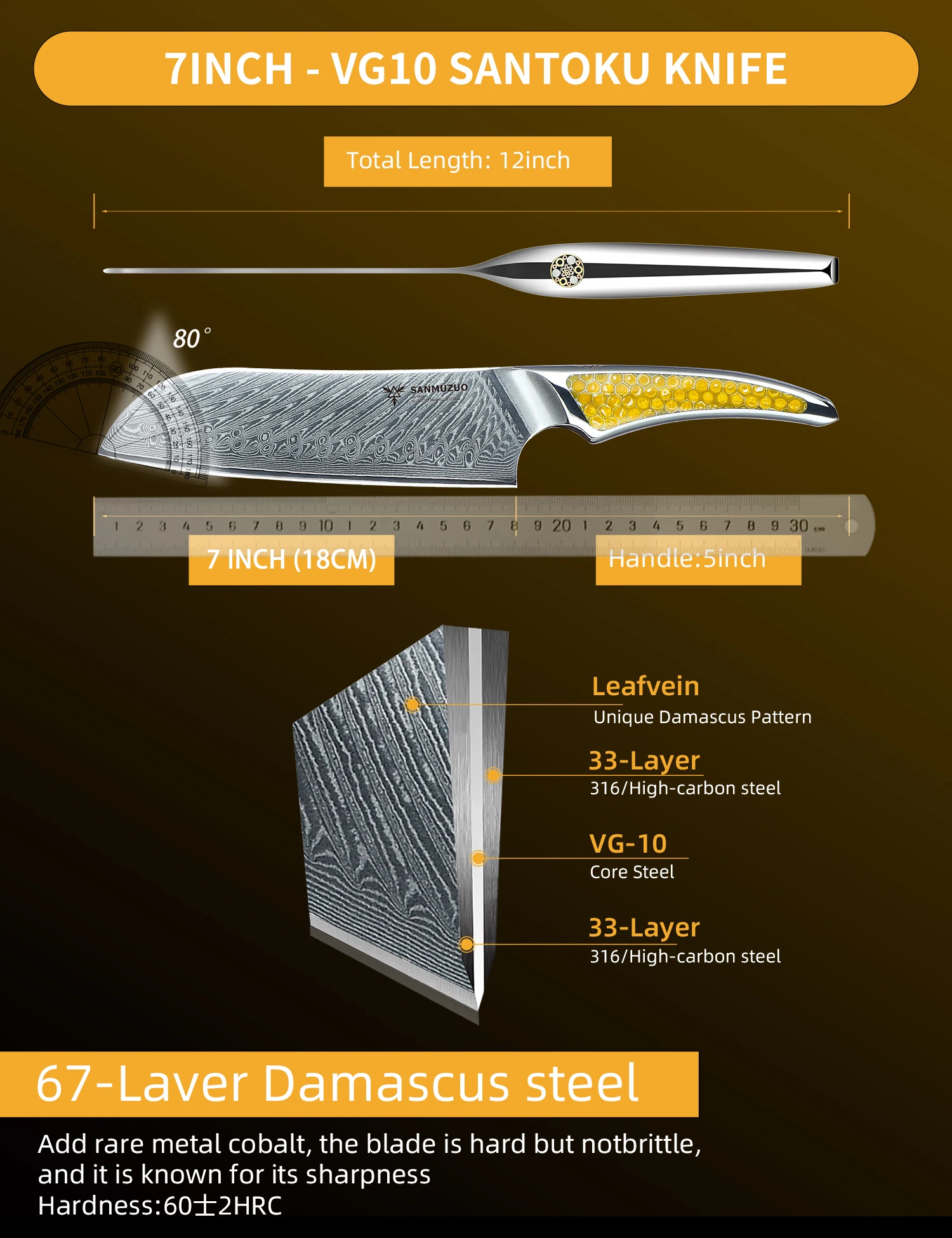 SANMUZUO 7-дюймовый нож сантоку японский шеф-нож из дамасской стали ручка смолы