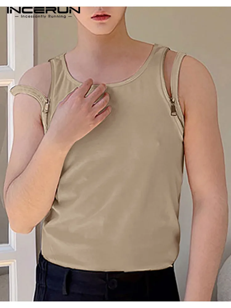 

Мужская майка INCERUN, с круглым вырезом, без рукавов, вырезами, на молнии, летние жилеты, 2022, для фитнеса, S-5XL