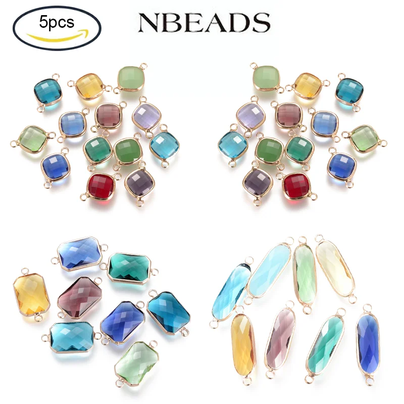 

5PC Glass Links Connectors with Brass Findings Faceted Rectangle/Oval Mixed Color for Necklaces Bracelets Jewelry Making