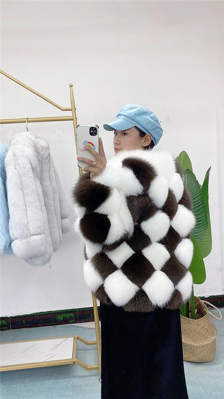 FURYOUME 2022 Plaid Checkerboard Pattern Winter Women Real Fox Fur Coat Luxury Short Ladies Natural Fur Jacket Female Streetwear enlarge