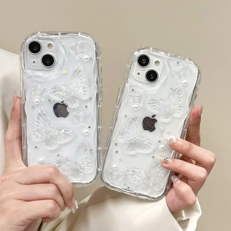Фото Роскошный прозрачный чехол для телефона с 3D-бабочкой для iPhone 16, 15, 14 Pro Max 13, 12, Pro Max, мягкий чехол из ТПУ с защитой от падения, блестящий жемчуг №1