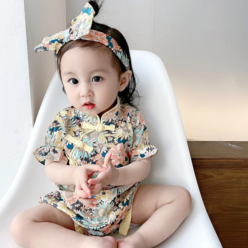 Baby Girls Bodysuit Clothes Summer Chinese Style Frog Cheongsam Jumpsuit Cotton Floral Short Sleeves Romper 0-24 Monthes
