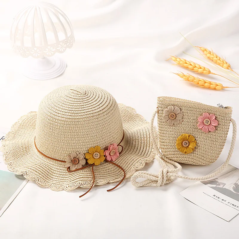 Princess Baby Girls Beach Sun Hats Cute Flower Children's Straw Woven Shoulder Bag Boys Kids Mini Coin Purse Crossbody Bags