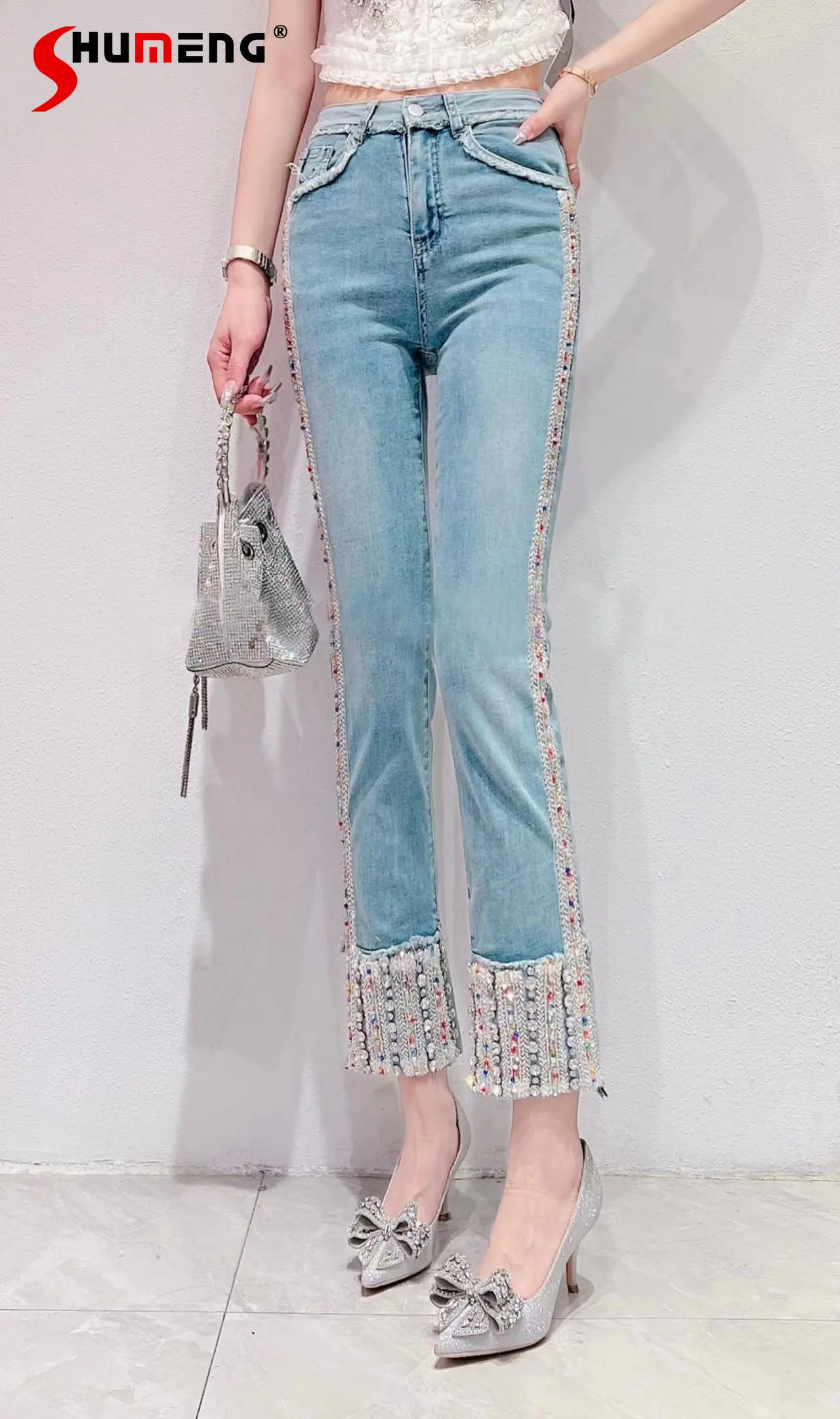 2023 Spring and Summer New Heavy Industry Color Diamond Slimming High Waist Cropped Straight Jeans Cigarette Pants
