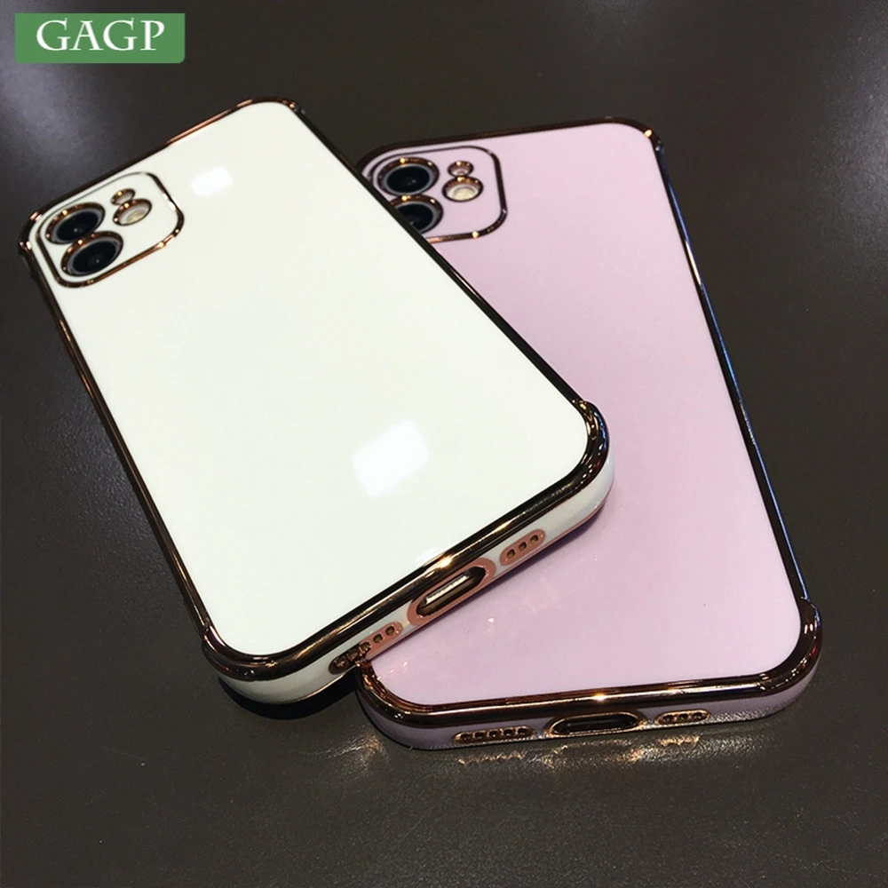 

Luxury Glossy Gold Plating Silicon Case For iPhone 13 11 Pro Max XS X XR 7 8 Plus SE 2020 12Pro Mini Soft Pure White Color Cover