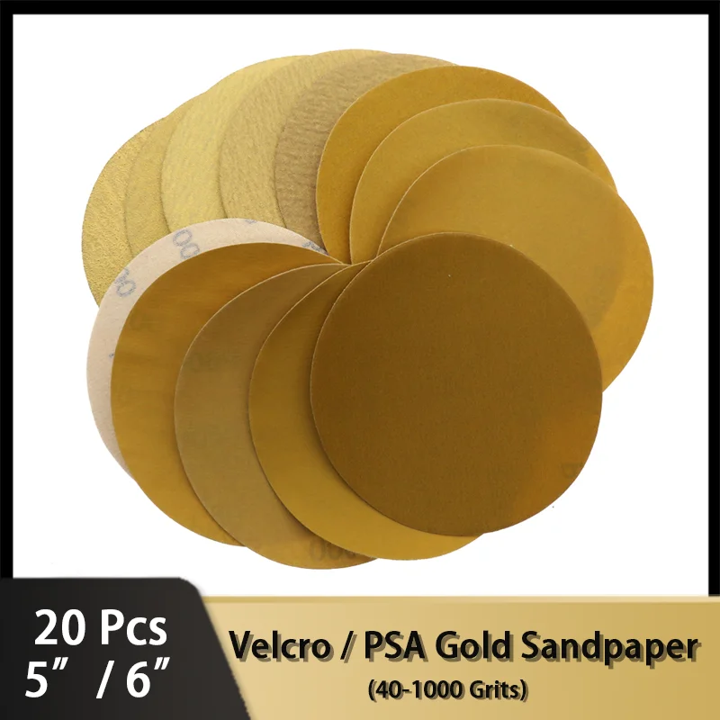 

20pcs Gold Sandpaper - Premium - 5" 6" Gold PSA Self Adhesive Hook loop Sanding Discs for DA Sanders Sanding paper 40-800 grits