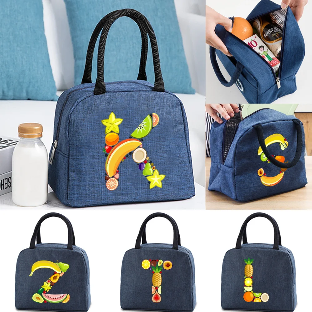 

Portable Lunch Bag for Women Insulated Canvas Cooler Bag Thermal Food Tote for Work Picnic Lunch Bags Girl Fruit Lettern Pattern
