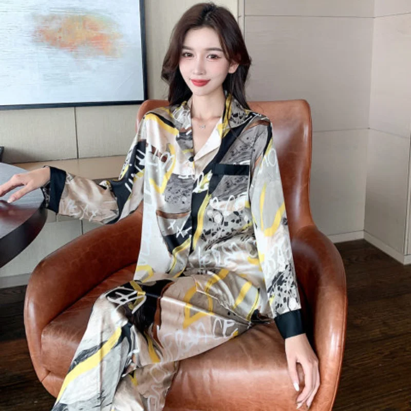Silk Pajamas Women's Long Sleeve Trousers Two Piece Ice Silk Pajamas Fashion Silk Ladies Loose Casual Luxury Ladies Homewear