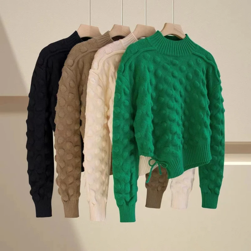 

Зимний дизайнерский женский модный нестандартный свитер с воротником-стойкой, пуловер с длинным рукавом и кулиской, Женский шикарный свите...