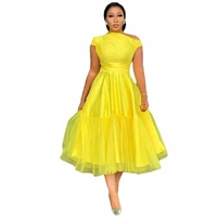 yellow chic party dress womens summer new solid color neck waist mesh a line dress fashion african clothes ankara robes 2022