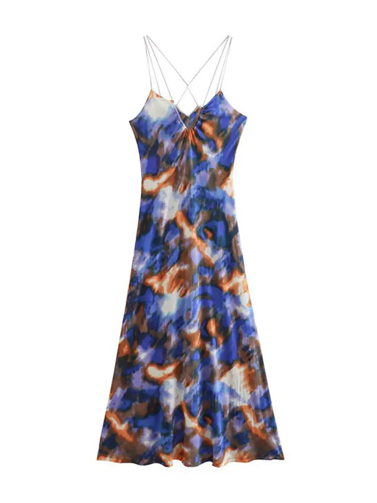 

Fashion Tie-dye Print Sling Dress Women Casual Off Shoulder Sleeveless Midi Vestidos 2023 Summer Chic Female Party Club Dresses