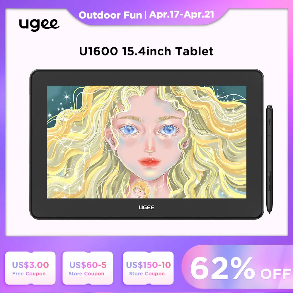 

UGEE U1600 15.4inch Graphics Tablet Monitor 127%sRGB Pen Display 5080lpi Digital Drawing Screen Support Android Windows MacOS