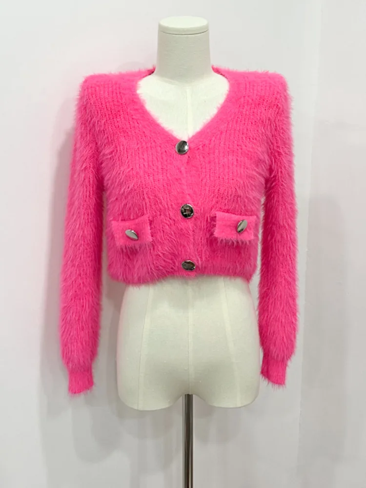 

Autumn/Winter Imitation Mink Fleece Knitted Cardigan Women Pure Color Button Long Sleeve Crop Tops Lady Chic Korean Sweater Coat