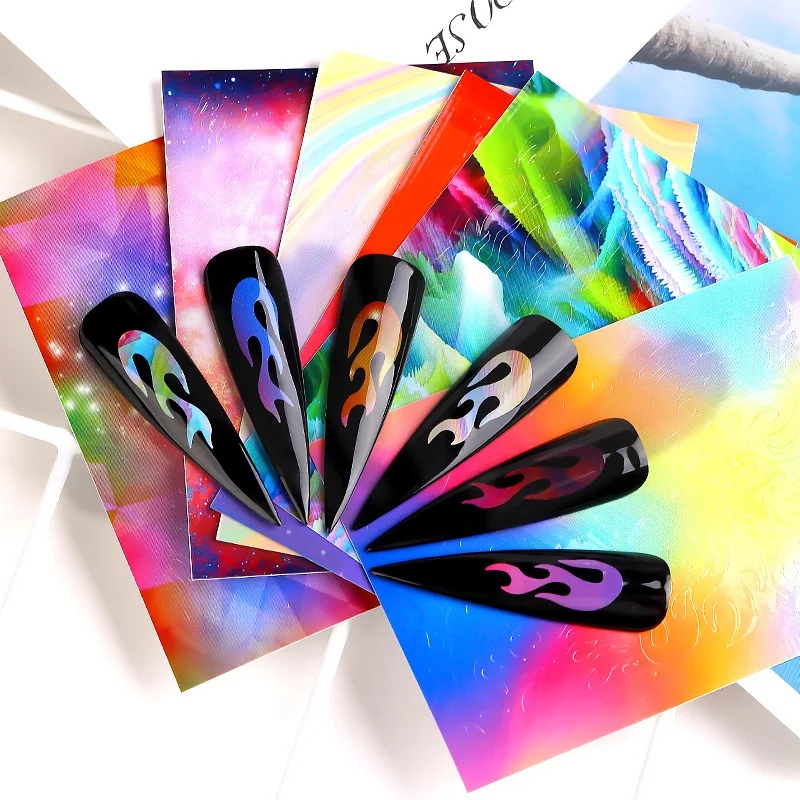 

6pcs 3D Glitter Nail Stickers Foil Transfer Decals Laser Holographic Flame Hollow Designs DIY Tips Nail Art Decorations Set HOT
