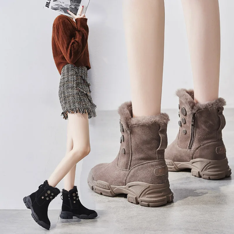 100% Genuine Leather Winter Shoes Women Cow Suede Boots 2022 Winter Women Snow Boots Brand Ladies Ankle Botas Warm Black New