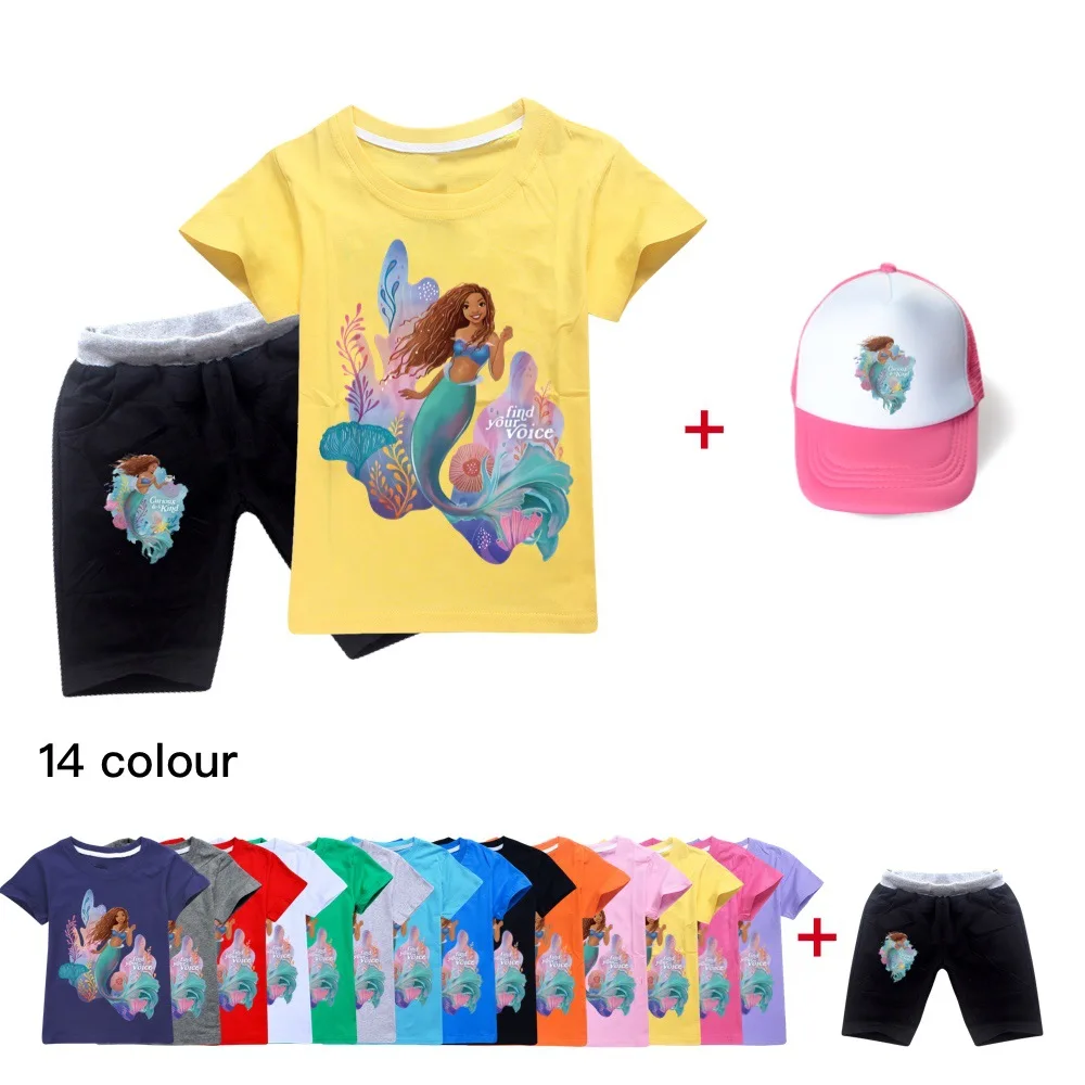 

the little mermaid 100-170 Children's Short Sleeve Sports Suit Kids Clothes Sets Girls Summer Print T-shirt + shorts 2pcs