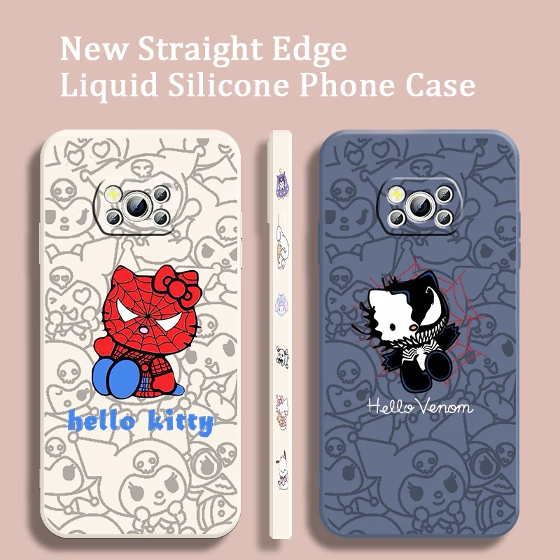 

Hello Kitty Spiderman Venom Phone Case For Xiaomi Mi Poco M5s M5 X5 X4 X3 M4 M3 F4 F3 GT C55 C50 Pro NFC 5G Liquid Left Rope