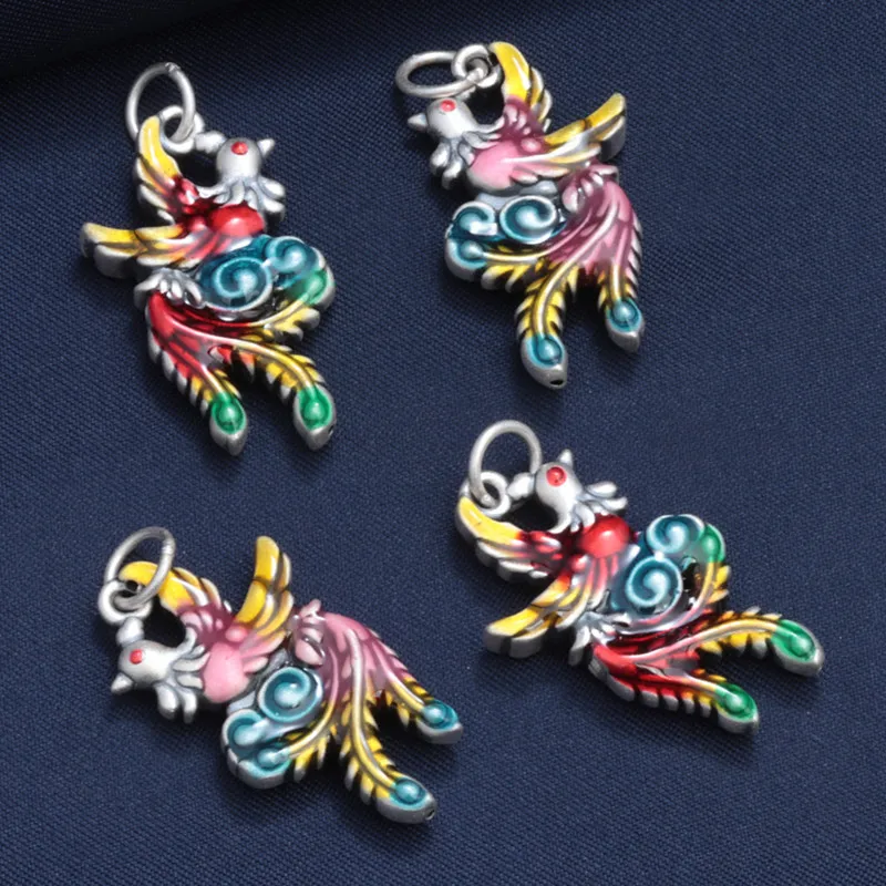 

100% 999 Silver Enamel Peacock Pendant for Women Charms for Bracelet Retro 3D Colorful Bird DIY Material Jewelry Making DZ019