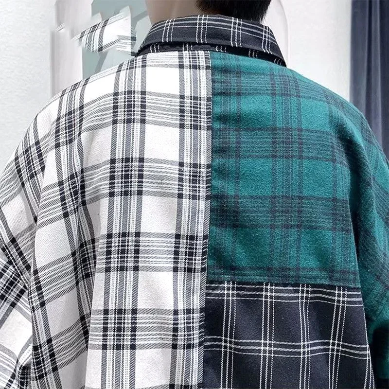 Lattice Printing Spliced Shirts Turn-down Collar Casual Four Seasons Men's Clothing Single Breasted Pockets Decorate Tops Trend