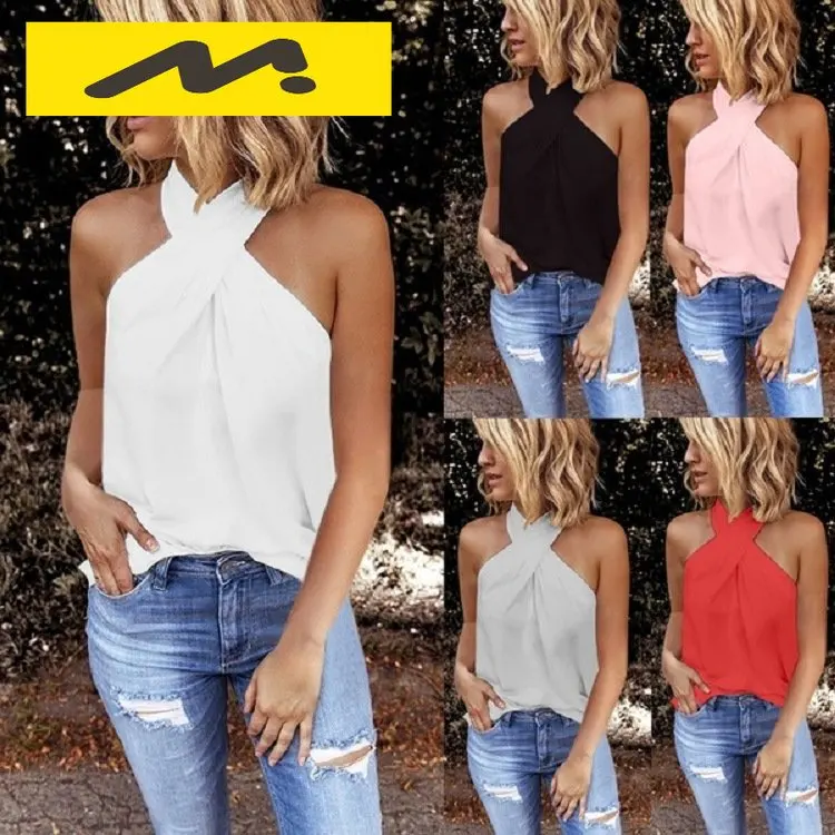 European and American women's new casual slim back zipper hanging neck solid color sleeveless splicing top