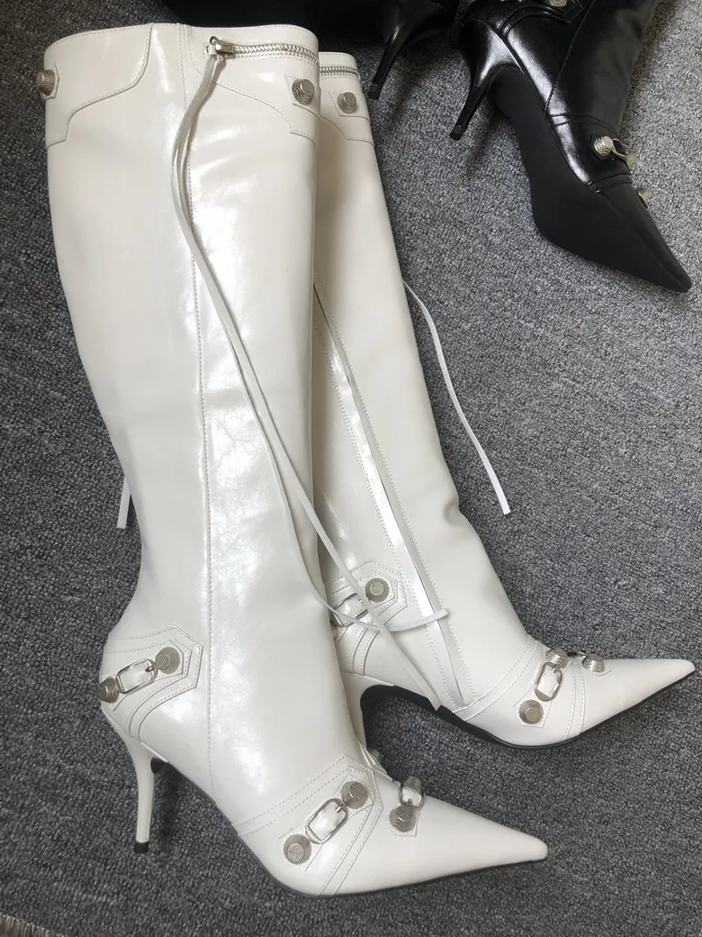 Sexy Veined Metal Cone Rivets Studs Knee Boots Woman Long Tassel Pointed Toe Fluorescent Leather Runway Boots Woman Knight Boots