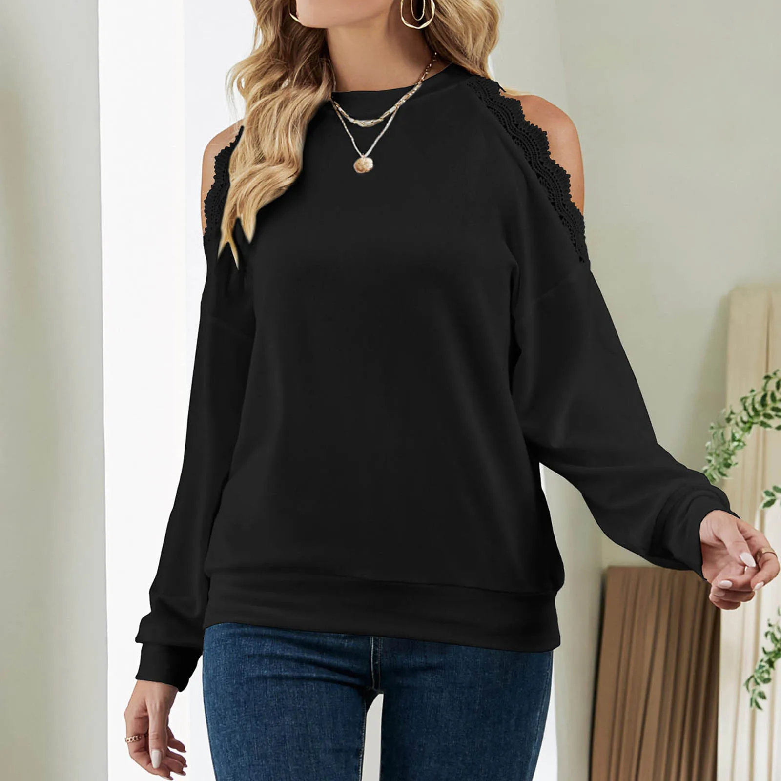 

Женская кружевная комбинированная пикантная утечка для плеч Повседневная Европейская и американская рубашка оборудование для упражнений ...