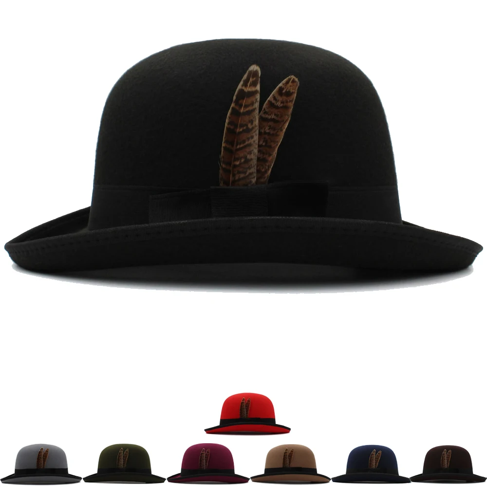 

Men Women Wool Blend Oval Top Bowler Hats Woolen Fedora Caps Trilby Feather Band Derby Sunhat Adjustable UK M-L US 7 1/8-7 3/8