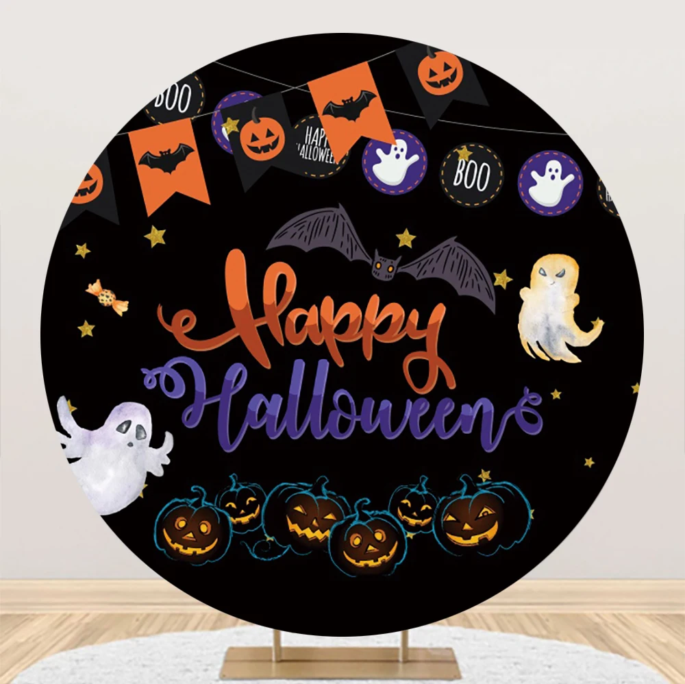 

Laeacco Halloween Round Photo Background Cartoon Pumpkin Ghost Bat Kids Trick or Treat Party Decor Portrait Photography Backdrop