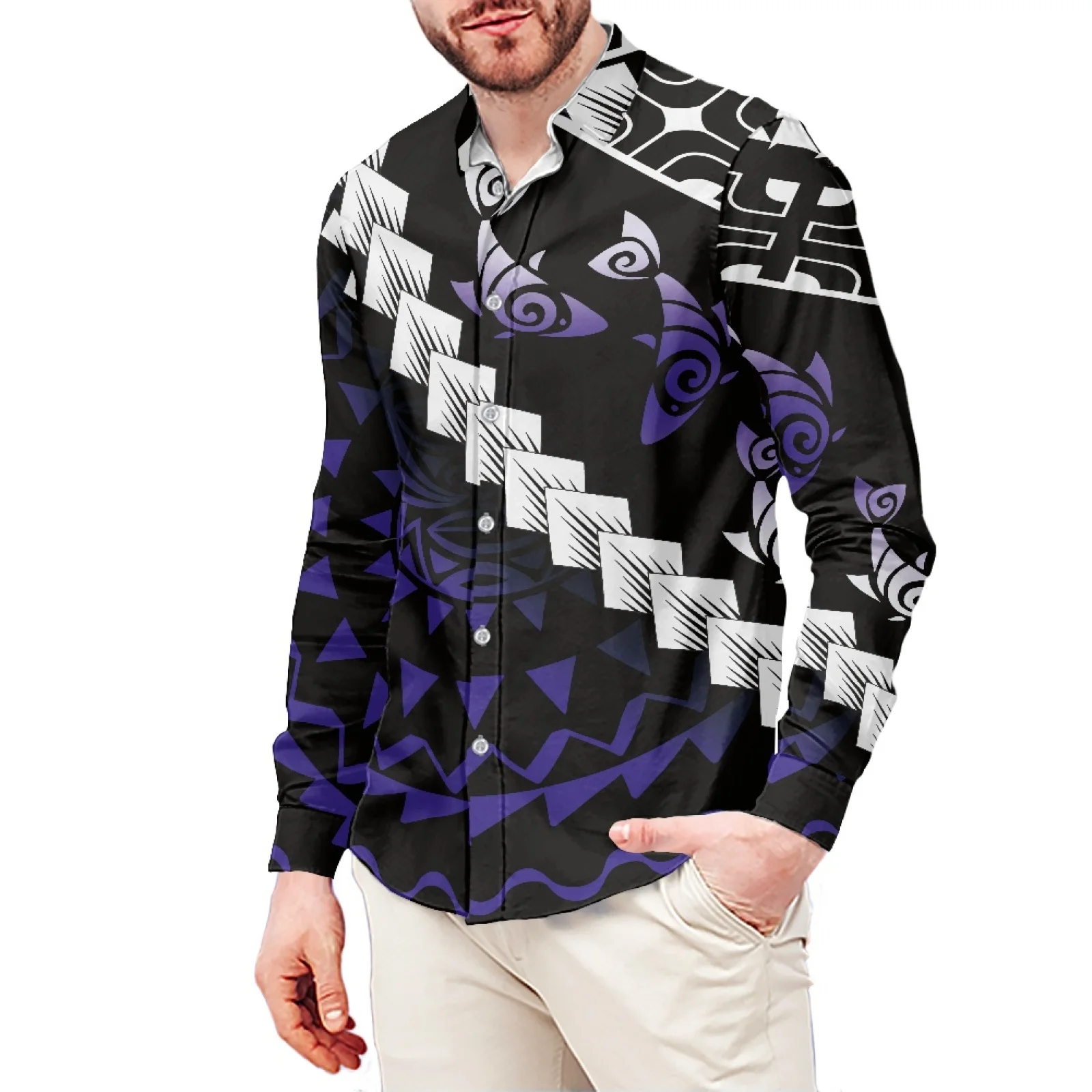 Purple Totem Print Men's T-Shirt Polynesian Style Fashion Men's Shirt Stand-Up Collar Shirt 6XL Slim Long Sleeve Men's Shirt