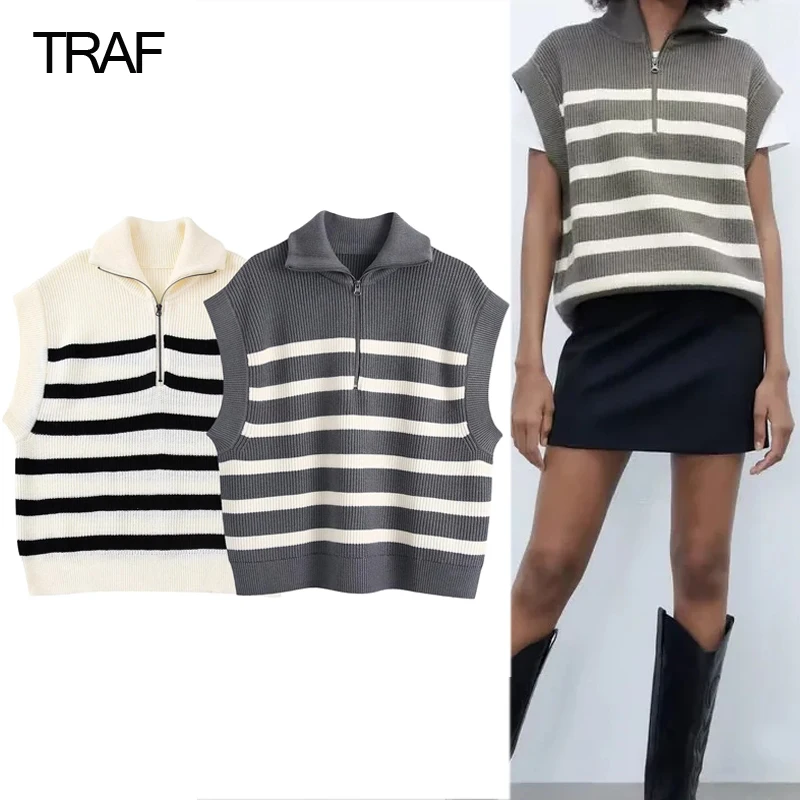 

Женский полосатый свитер TRAF, укороченный вязаный Топ без рукавов, Женский вязаный жилет в студенческом стиле, вязаный свитер на молнии, 2022