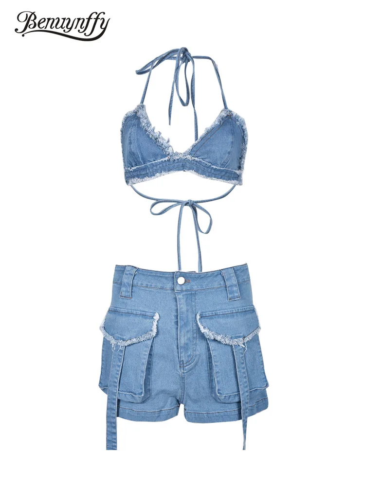

Benuynffy Denim Two Piece Set Women Sexy Tie Backless Crop Tops Club Party Streetwear Cargo Denim Shorts Outfit 2 Piece Sets