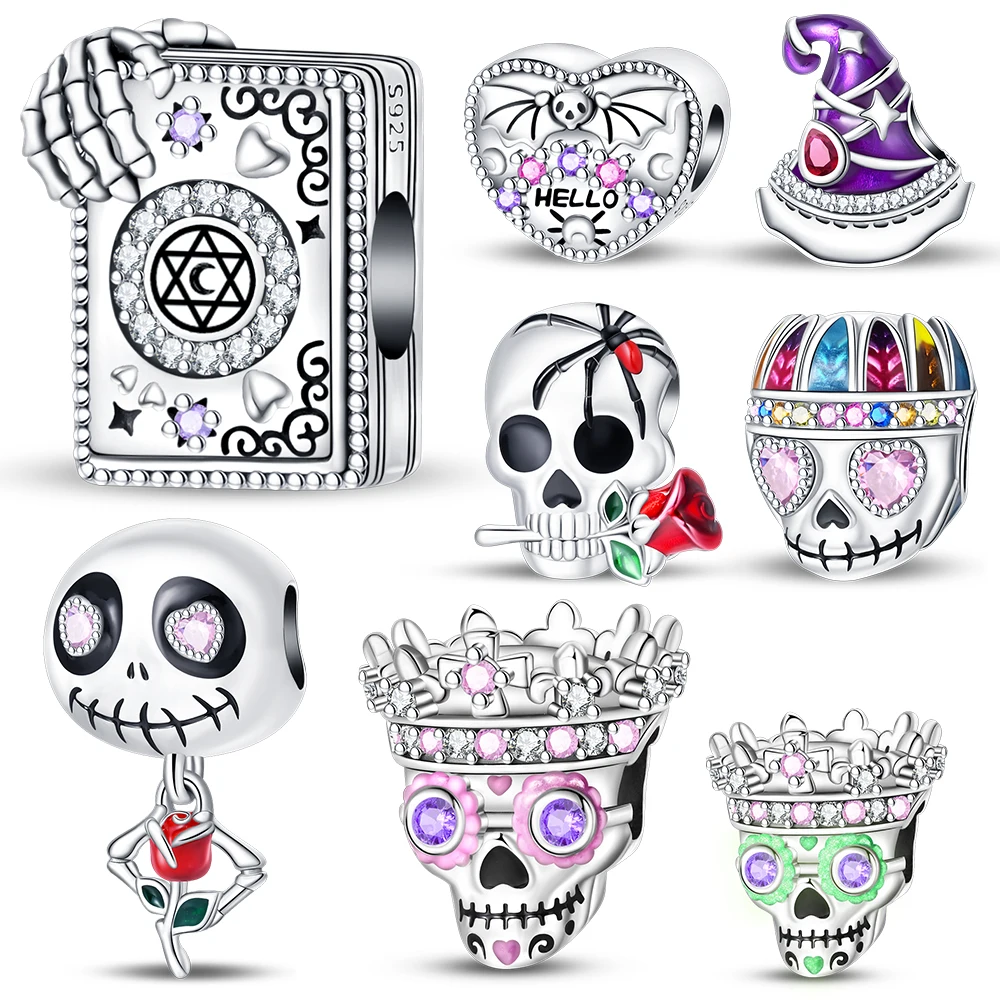 Стерлингового Серебра 925 волшебная книга шляпа ведьмы и корона светящийся череп