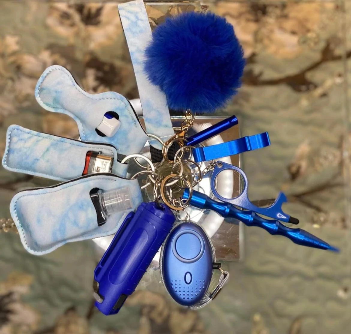 

Blue Marble Basic Wristlet Set For Women Portachiavi Donna Alarm Tactical Pen Personal Defence Key Chain Set Girls Gift